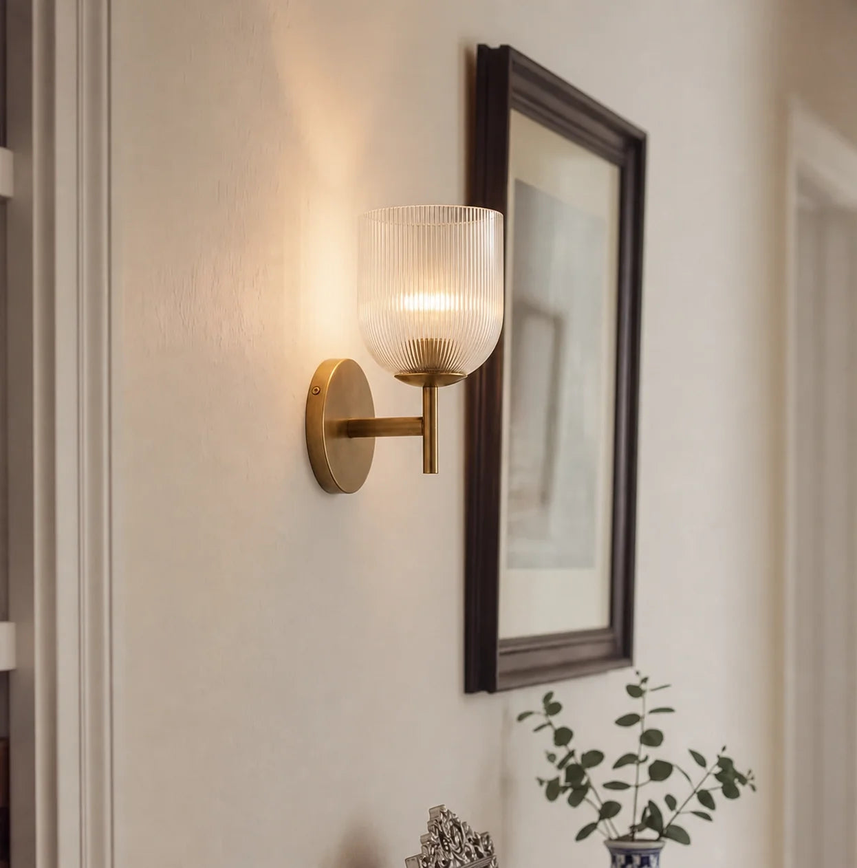 Vintage Ribbed Glass Brass Wall Sconce