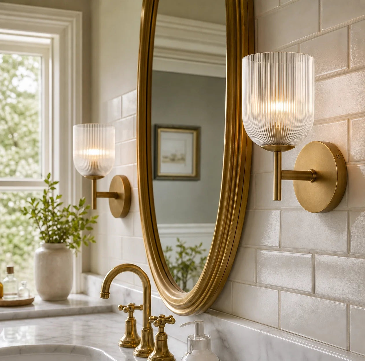 Vintage Ribbed Glass Brass Wall Sconce