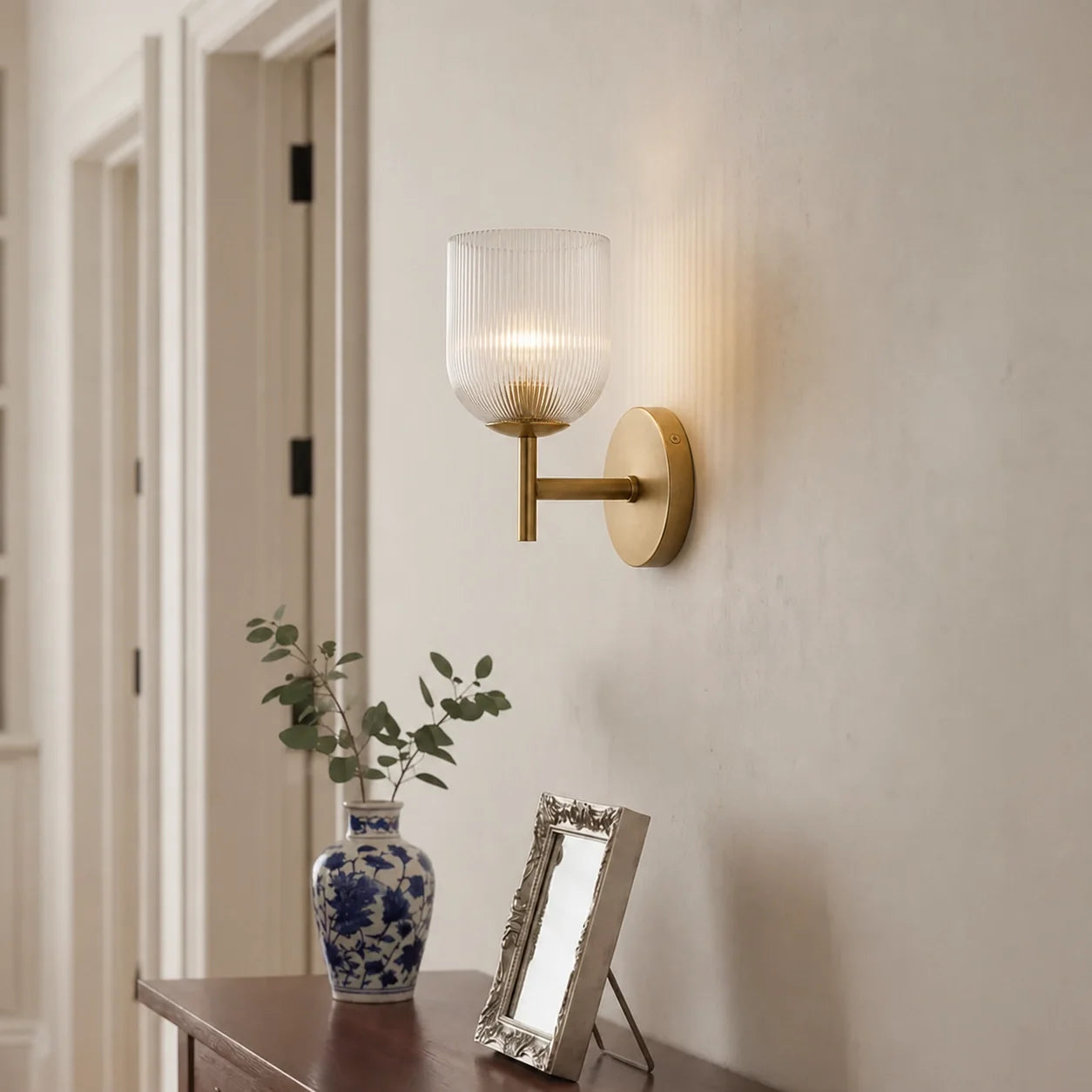 Vintage Ribbed Glass Brass Wall Sconce