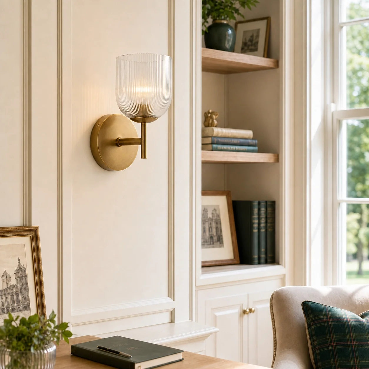 Vintage Ribbed Glass Brass Wall Sconce