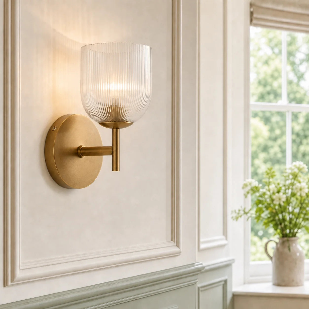 Vintage Ribbed Glass Brass Wall Sconce