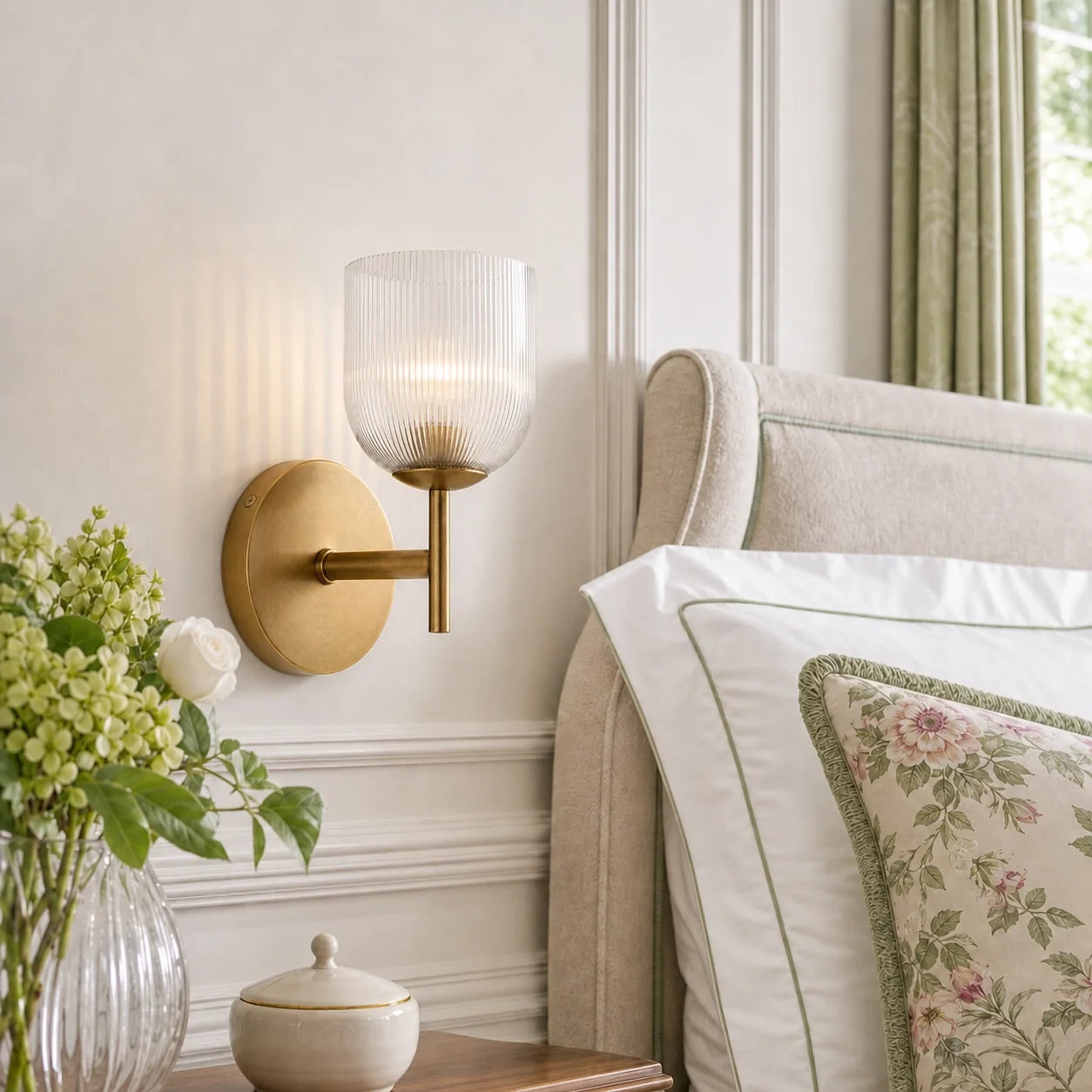 Vintage Ribbed Glass Brass Wall Sconce