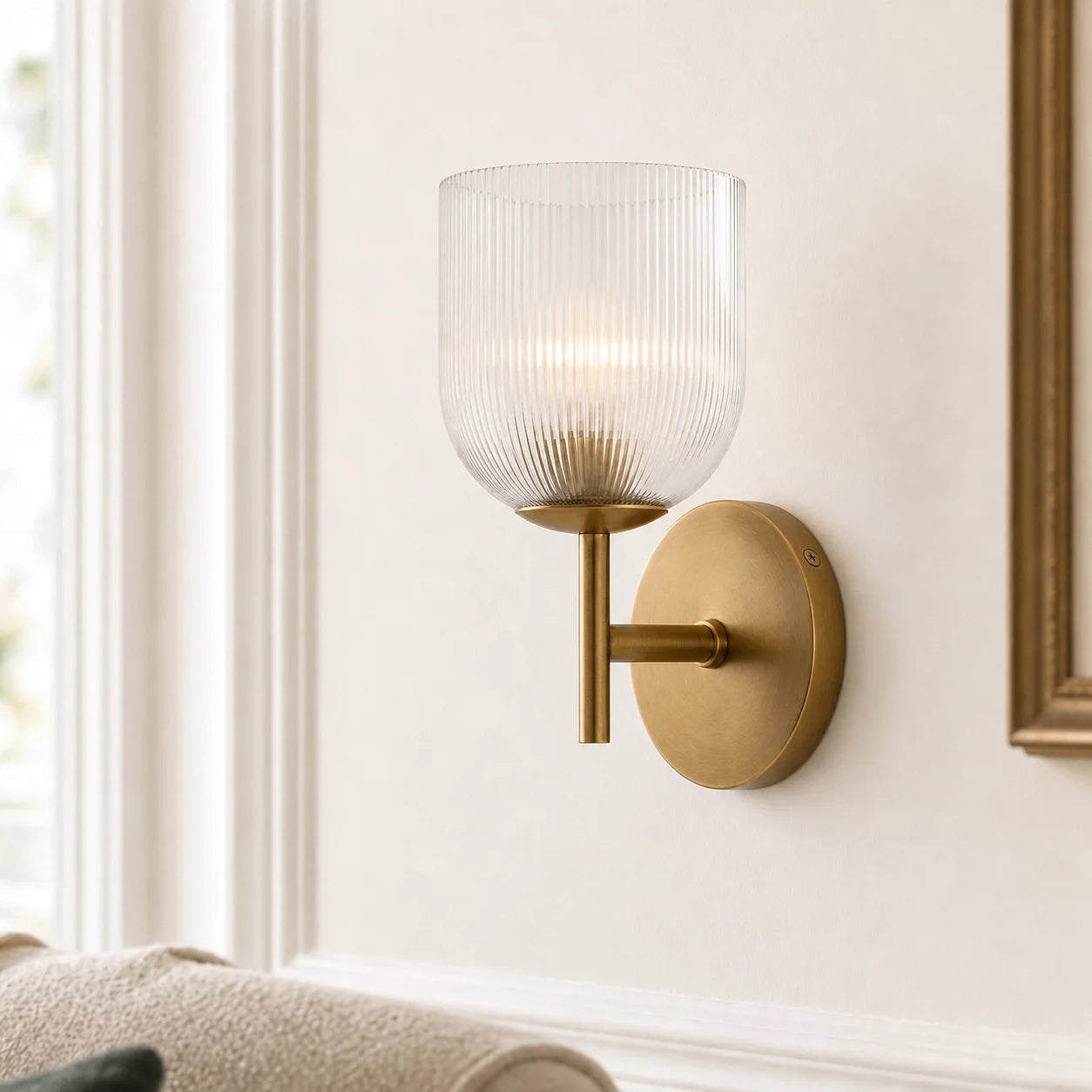 Vintage Ribbed Glass Brass Wall Sconce