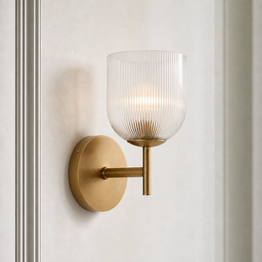 Vintage Ribbed Glass Brass Wall Sconce