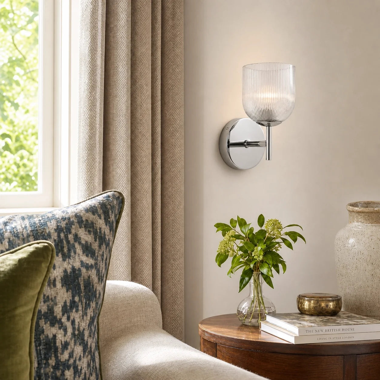 Vintage Ribbed Glass Brass Wall Sconce