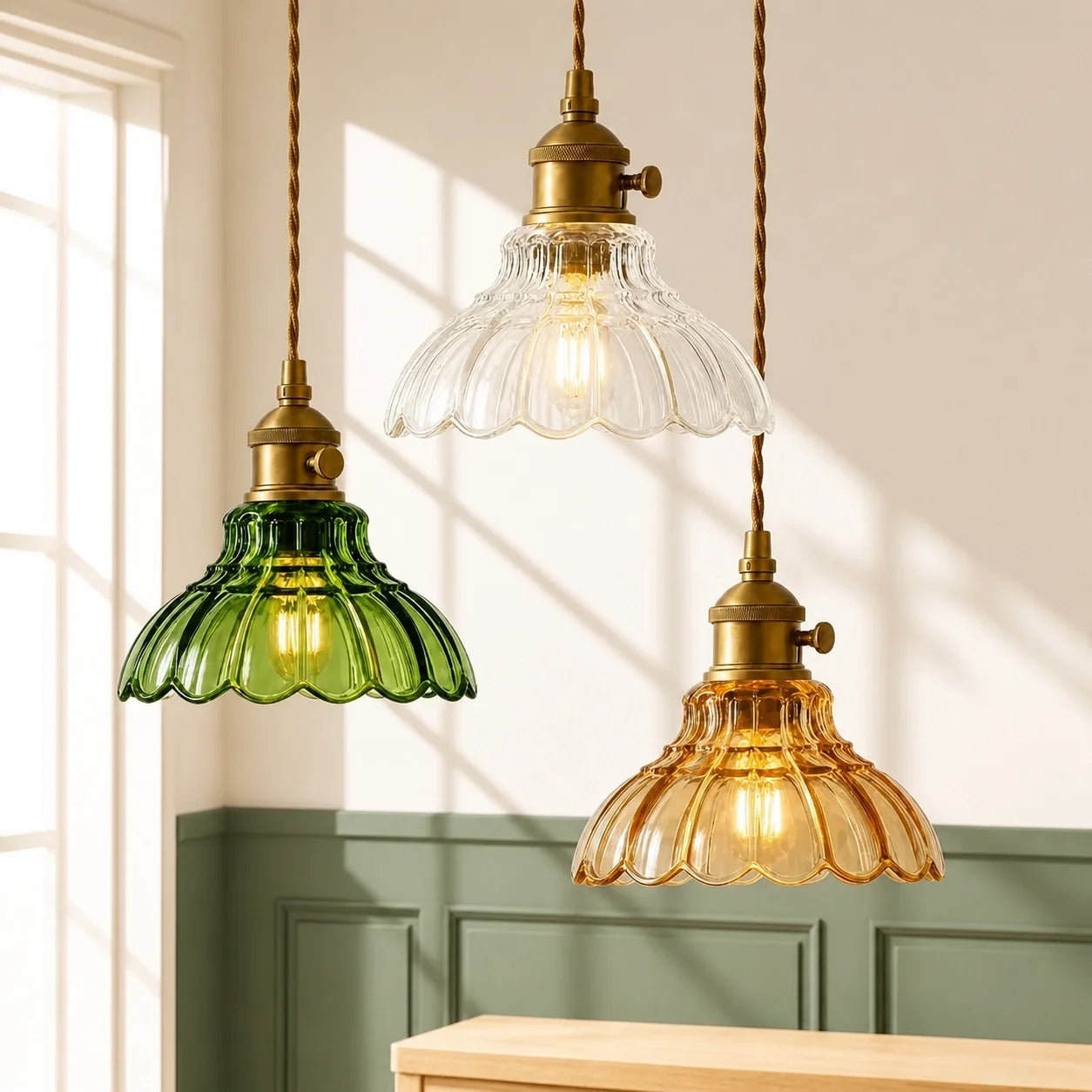 Vintage Scalloped Flower Glass Pendant Light