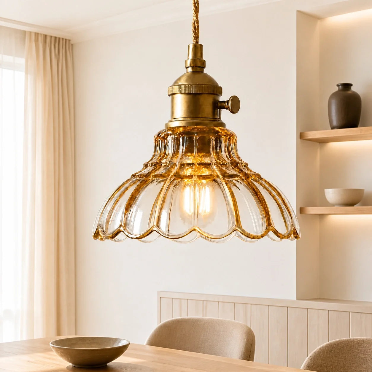 Vintage Scalloped Flower Glass Pendant Light