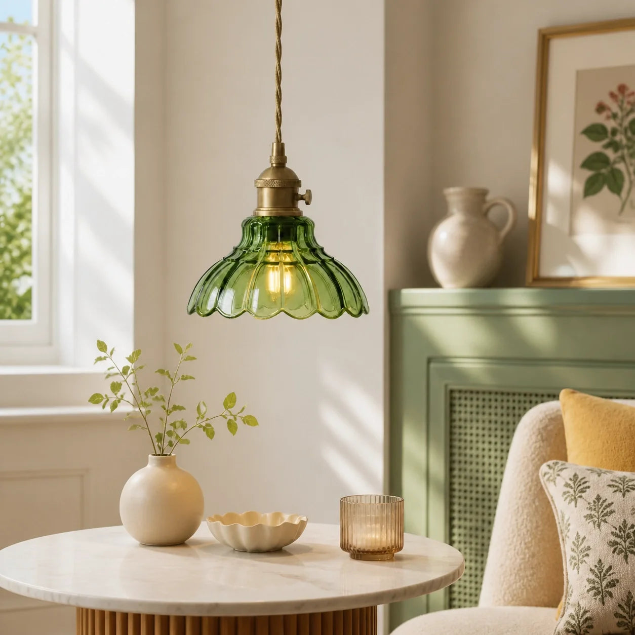 Vintage Scalloped Flower Glass Pendant Light