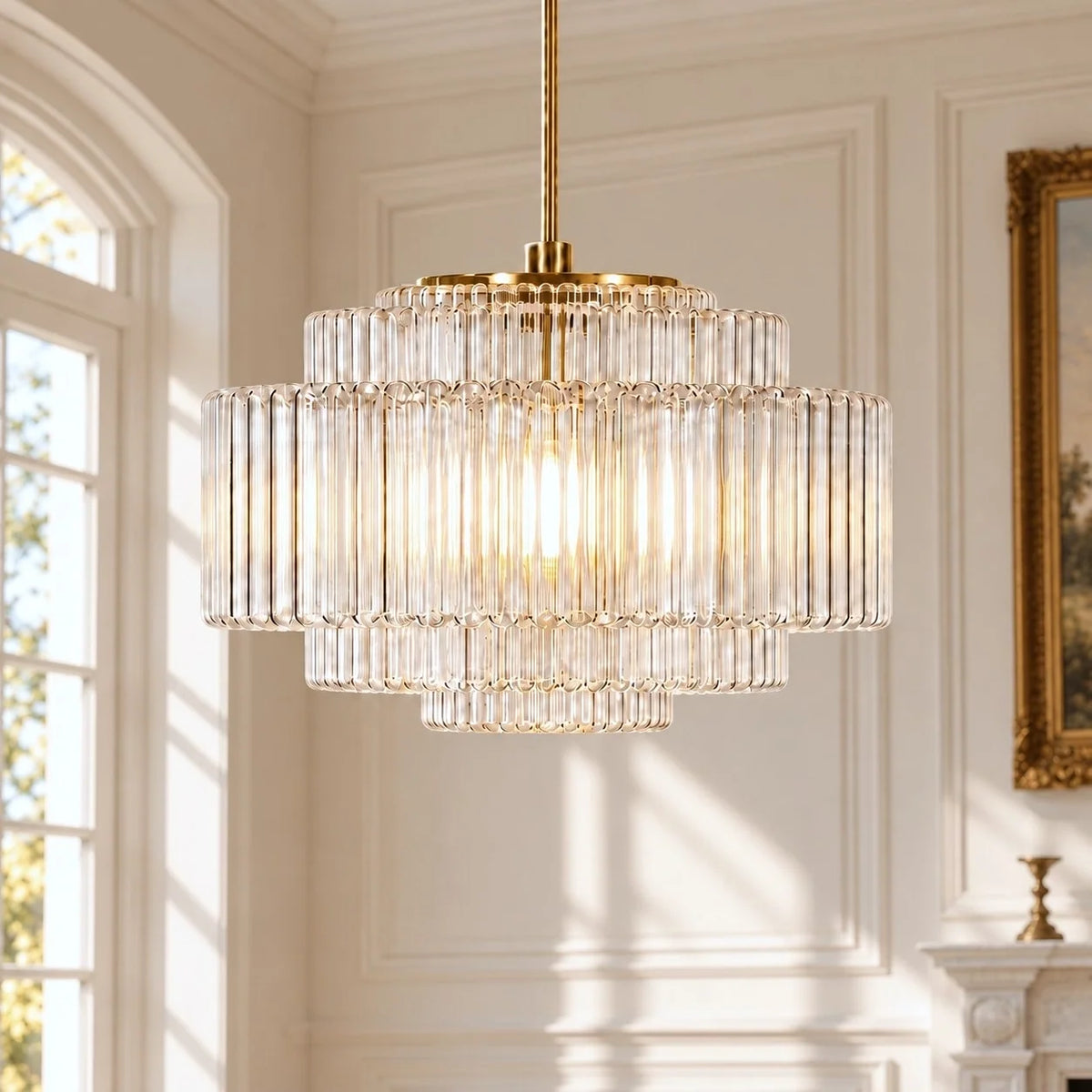 Vintage Tiered Ribbed Glass Pendant Light with Antique Brass Finish
