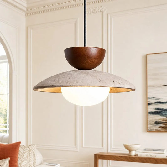 Wabi-Sabi Natural Bowl Travertine Wood Pendant Light