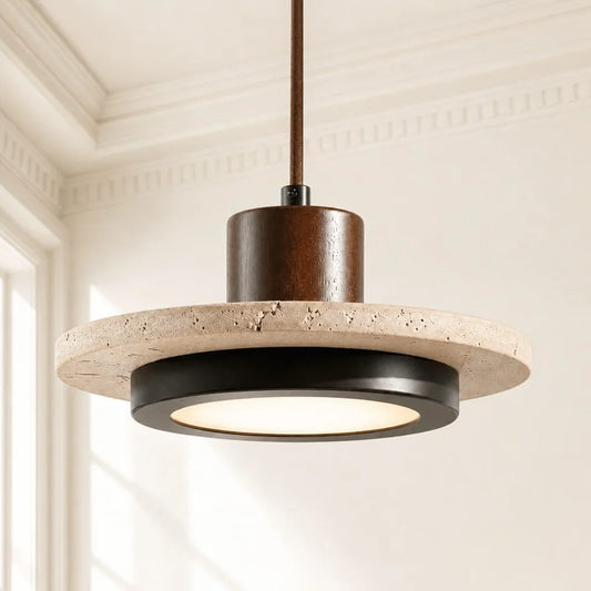Wabi-Sabi Natural Travertine Wood Disc Pendant Light