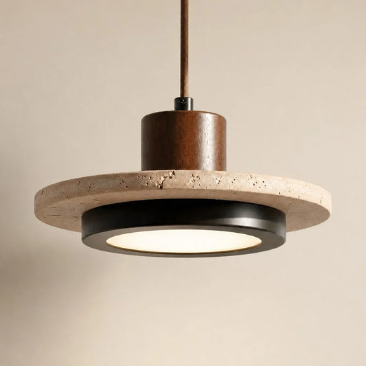 Wabi-Sabi Natural Travertine Wood Disc Pendant Light