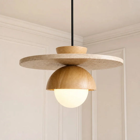 Wabi-Sabi Travertine Wood Globe Layered Pendant Light