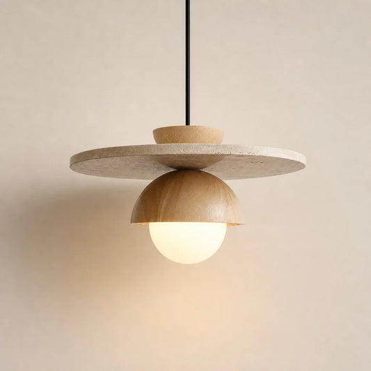 Wabi-Sabi Travertine Wood Globe Layered Pendant Light