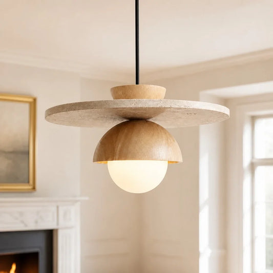 Wabi-Sabi Travertine Wood Globe Layered Pendant Light