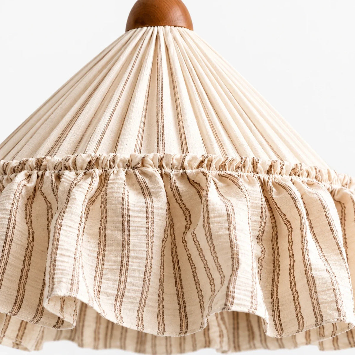 Close detail of pleated fabric and gathered striped ruffle