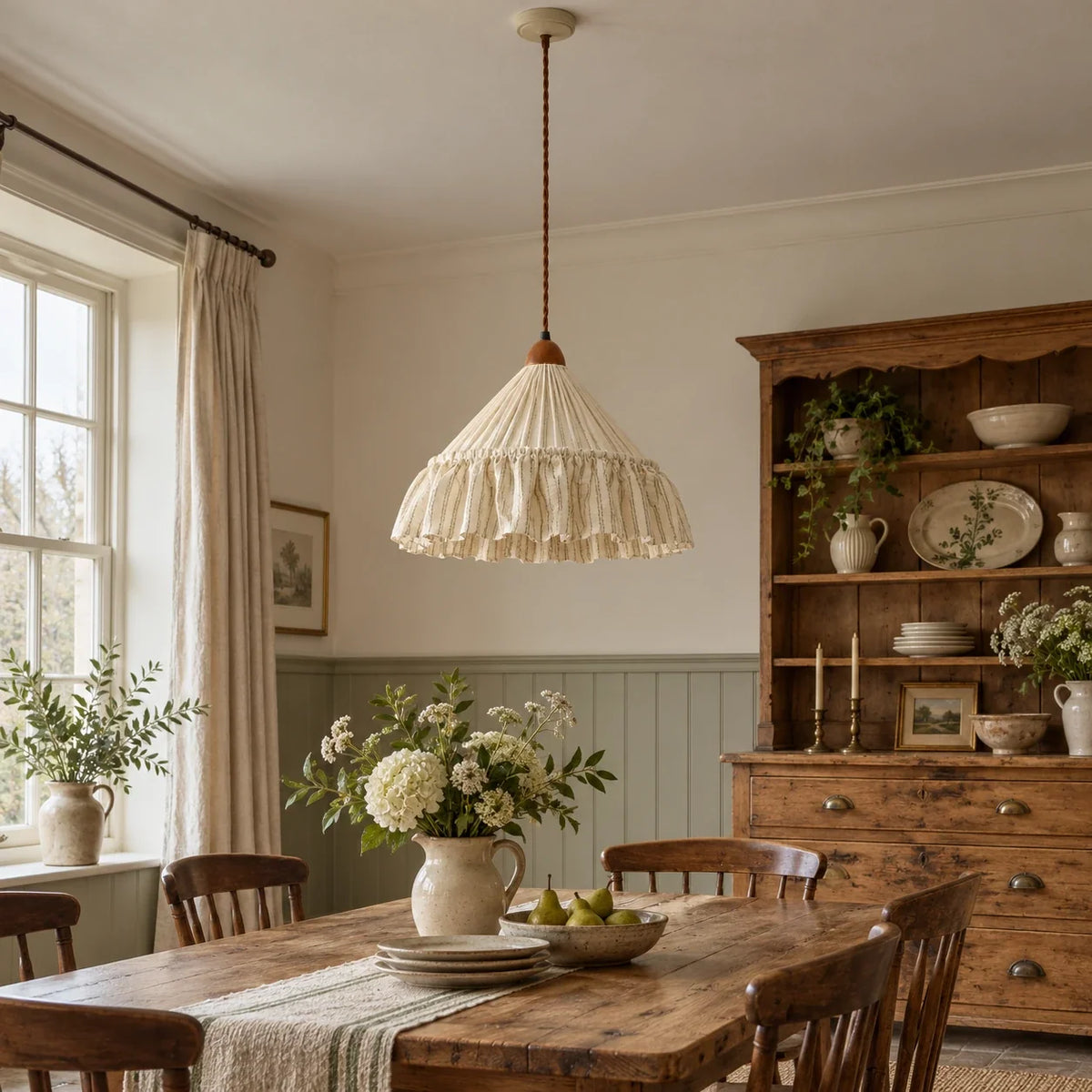 Green Stripe Amelie pendant above a country dining table