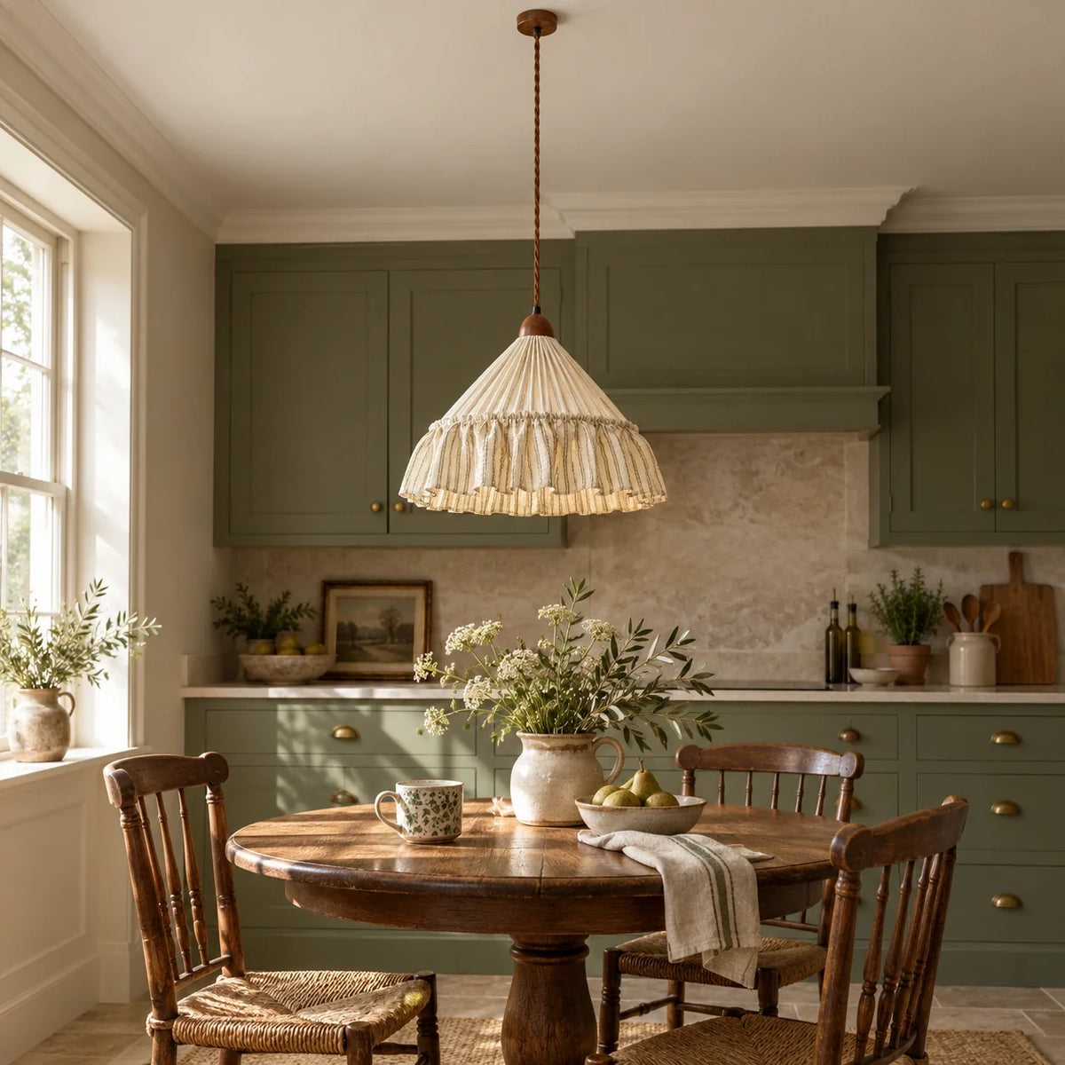 Green Stripe Amelie pendant in a British kitchen breakfast nook