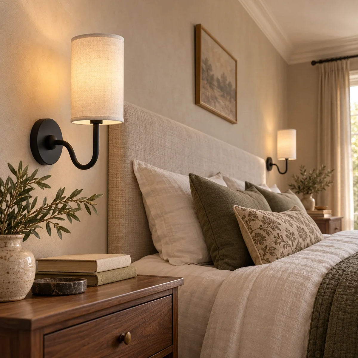 Two black wall lights with white linen shades beside a bed, viewed obliquely along the headboard wall