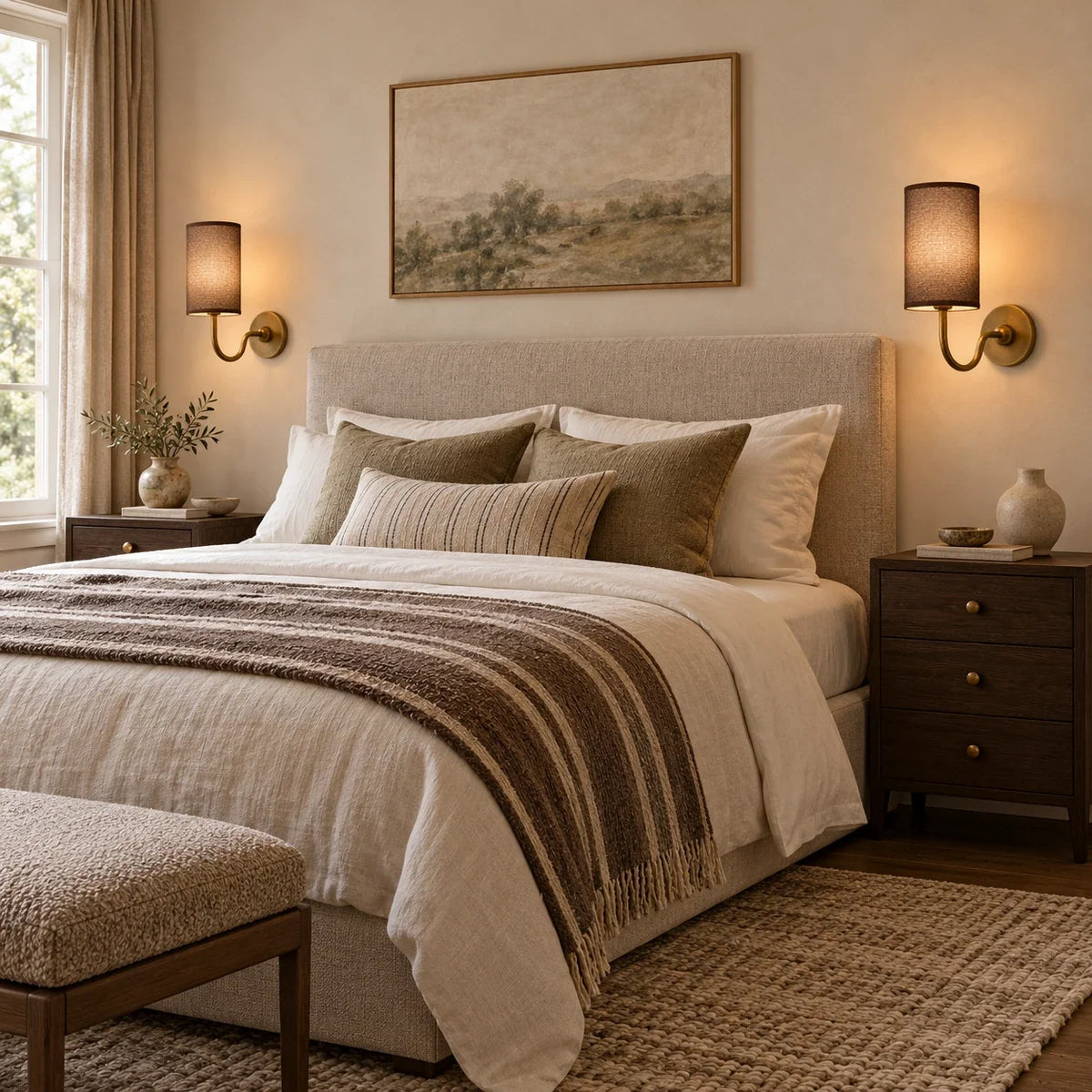 Two tumbled brass single wall lights with coffee linen shades above bedside tables