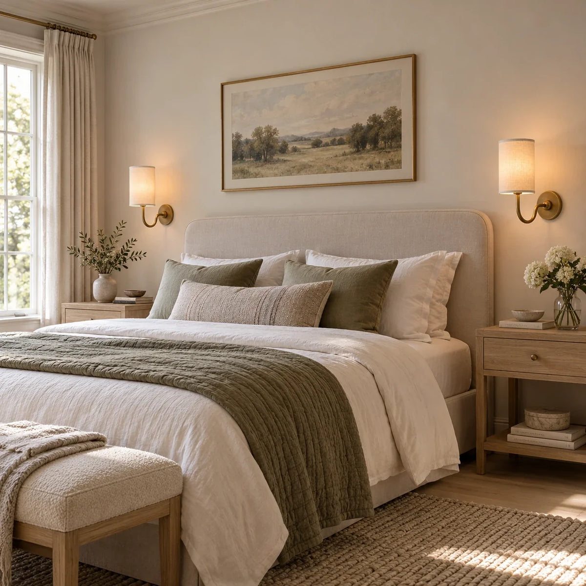 Two tumbled brass single wall lights with white linen shades installed beside a bed in a bright British bedroom