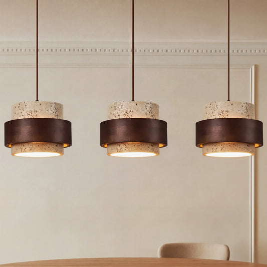 Natural Wooden Travertine Walnut Cylinder Pendant Light