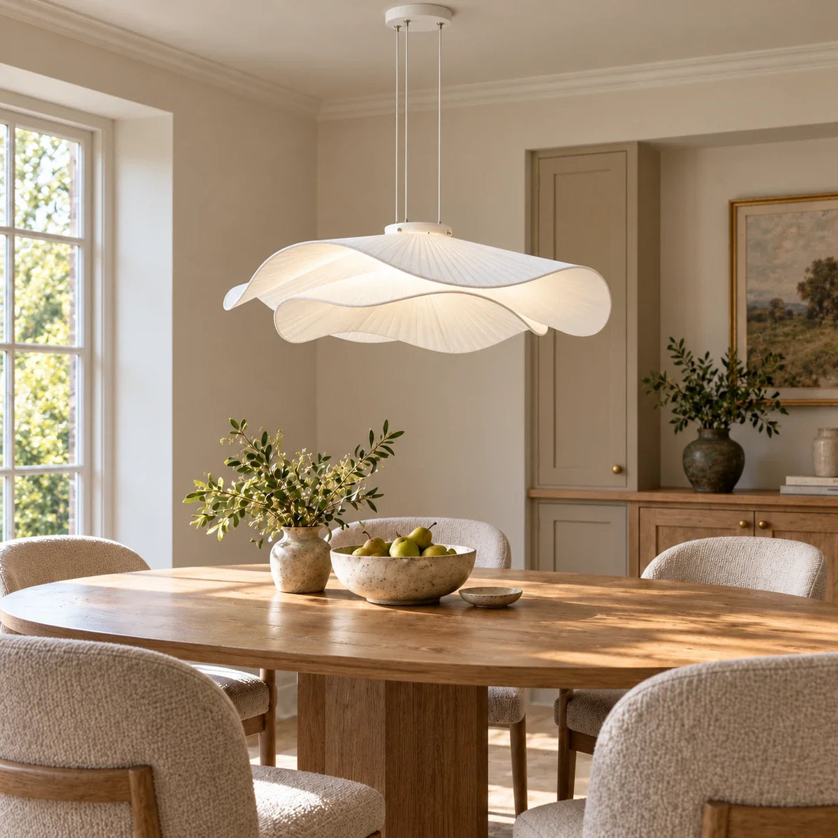 Elowen three-cord layered pendant above a bright British breakfast table