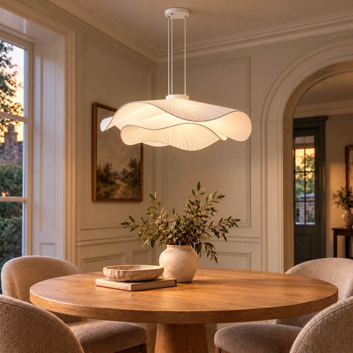 Elowen three-cord white pendant in a warm British dining nook