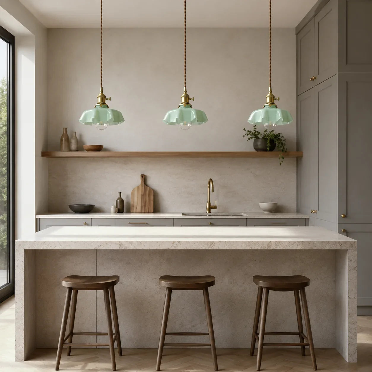 Three spring green Elowen pendant lights above a modern stone kitchen island
