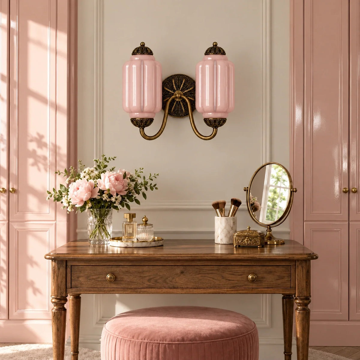 Evelyn Vintage Milk Glass Double Eloise Scallop Wall Light — 11 vanity pink — switched off