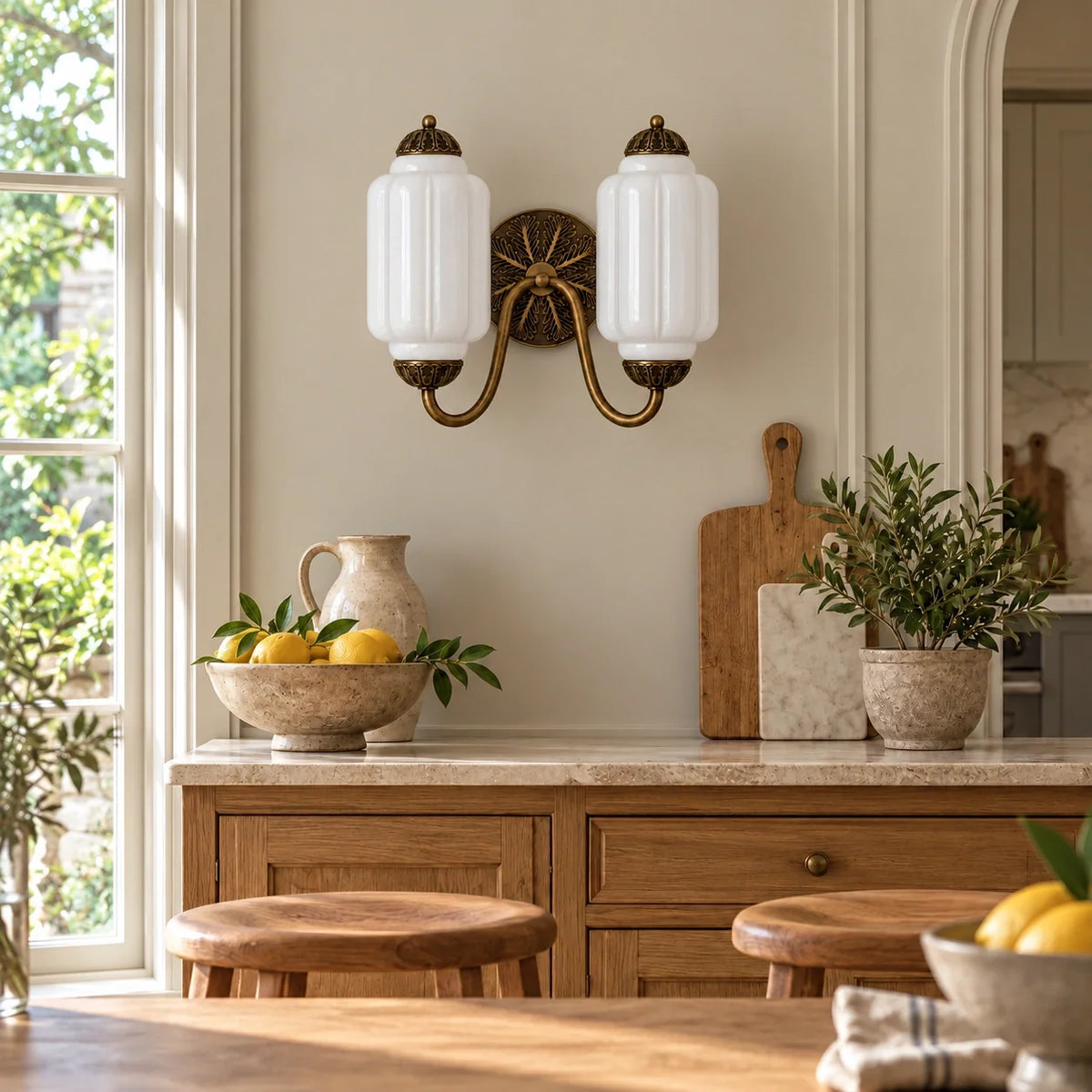 Evelyn Vintage Milk Glass Double Eloise Scallop Wall Light — 17 kitchen white — switched off