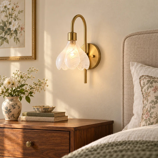 Floral glass wall light scene bedroom walnut