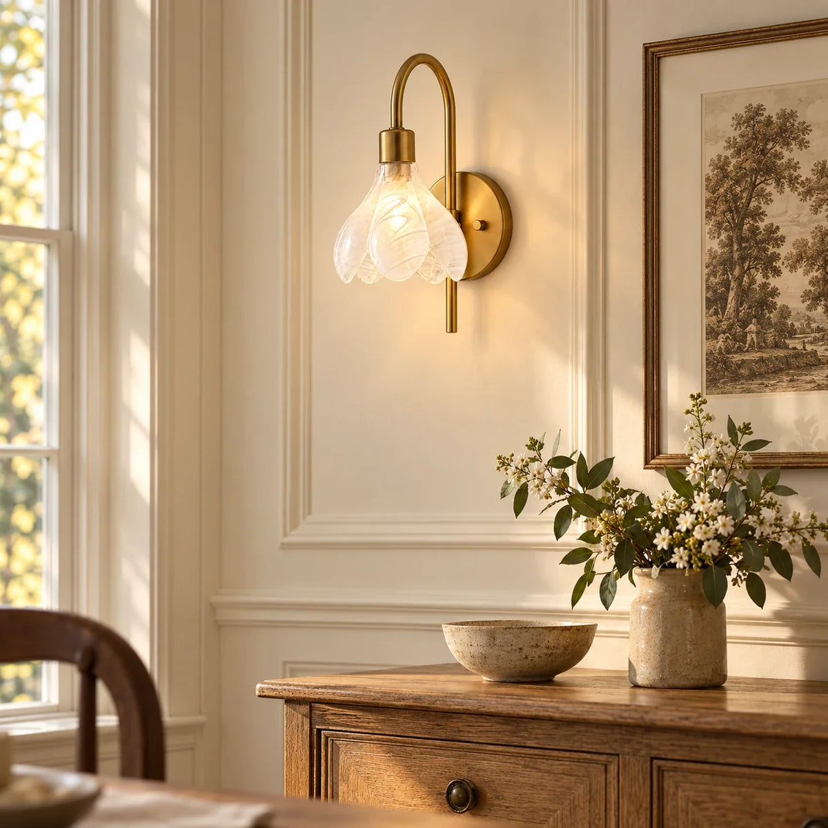 Floral glass wall light scene sideboard