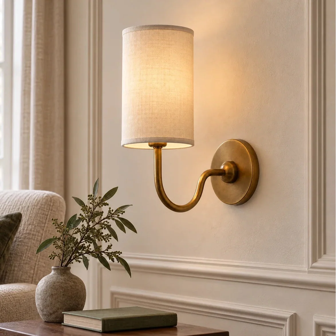 Tumbled brass single wall light with white linen shade in a British sitting room