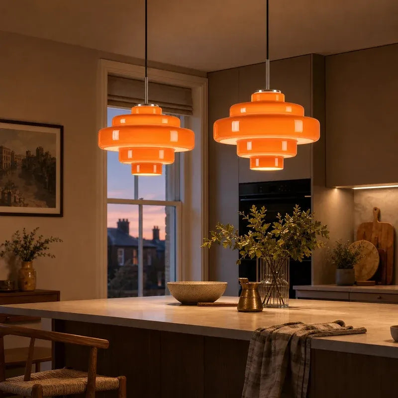 Mid Century Modern Bauhaus Handblown Tiered Glass Pendant Light