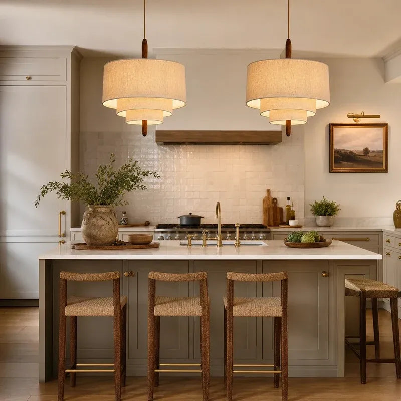 Modern Sculptural Layered Fabric Drum Pendant Light with Walnut Detail