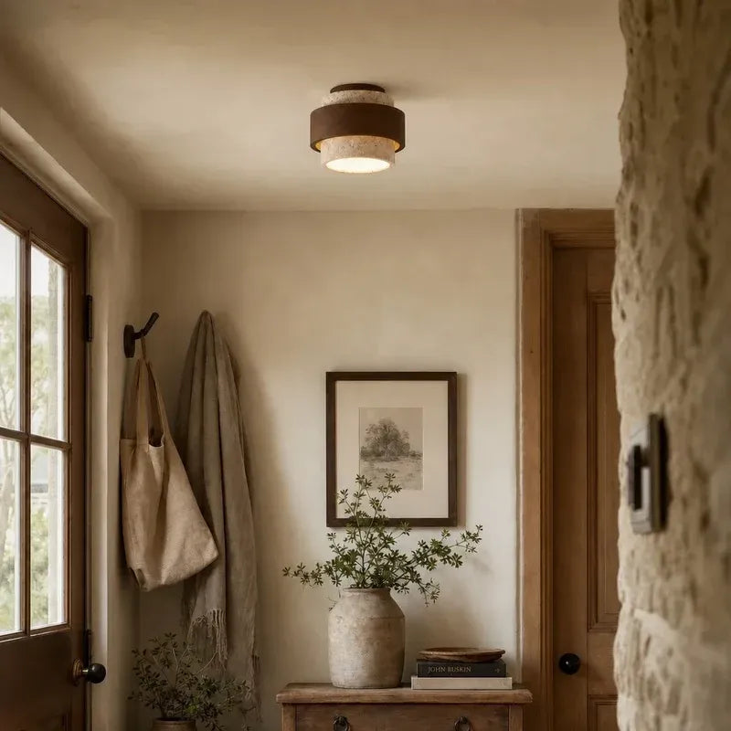 Wabi‑Sabi Wood Travertine Cylinder Ceiling Light