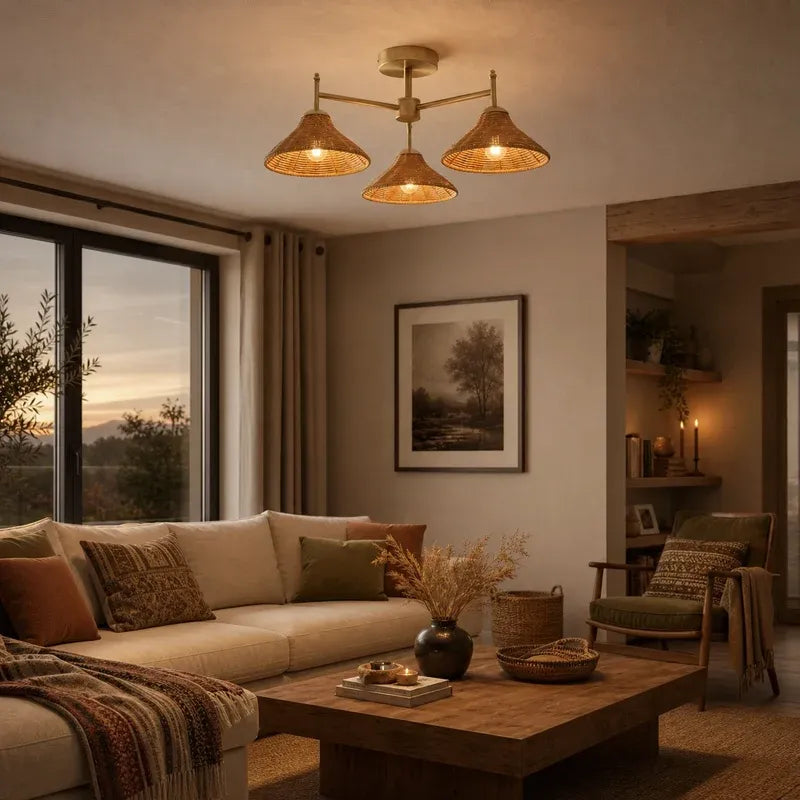 Farmhouse Boho Rattan 3 Light Semi-Flush Ceiling Light for Dining Room & Living Room