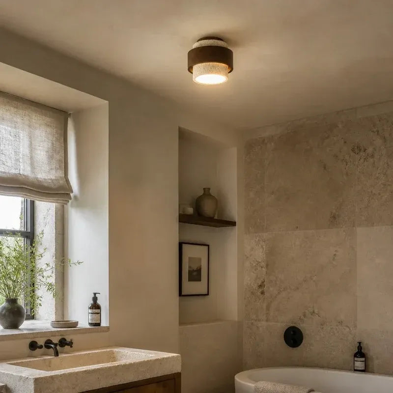 Wabi‑Sabi Wood Travertine Cylinder Ceiling Light