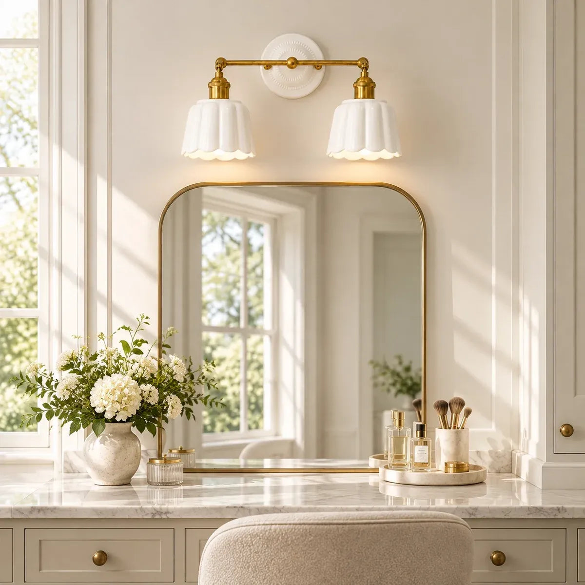 Modern British Porcelain Petal Shade Bathroom Vanity Light