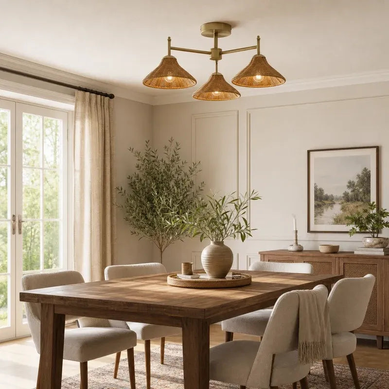 Farmhouse Boho Rattan 3 Light Semi-Flush Ceiling Light for Dining Room & Living Room