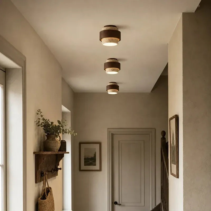 Wabi‑Sabi Wood Travertine Cylinder Ceiling Light