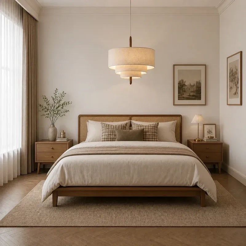 Modern Sculptural Layered Fabric Drum Pendant Light with Walnut Detail
