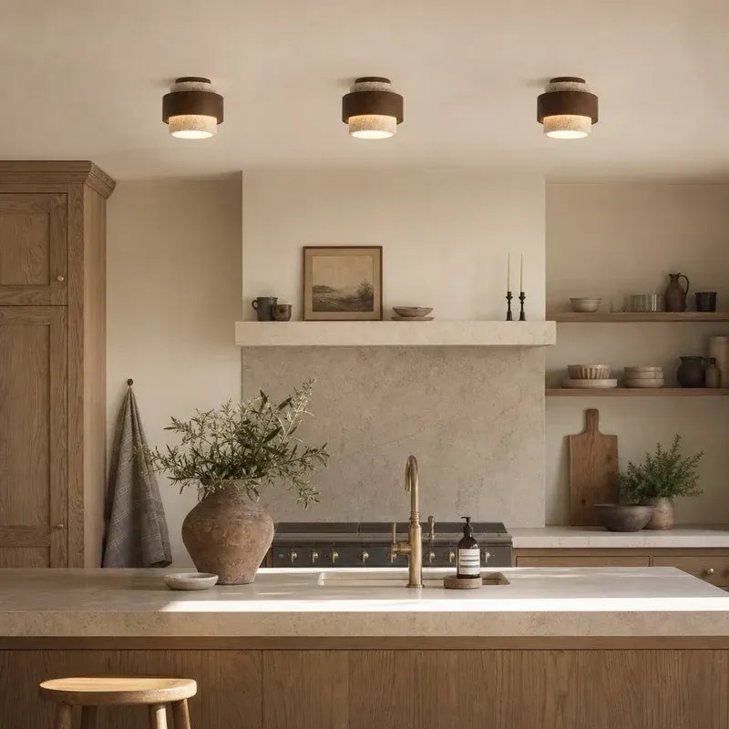 Wabi‑Sabi Wood Travertine Cylinder Ceiling Light