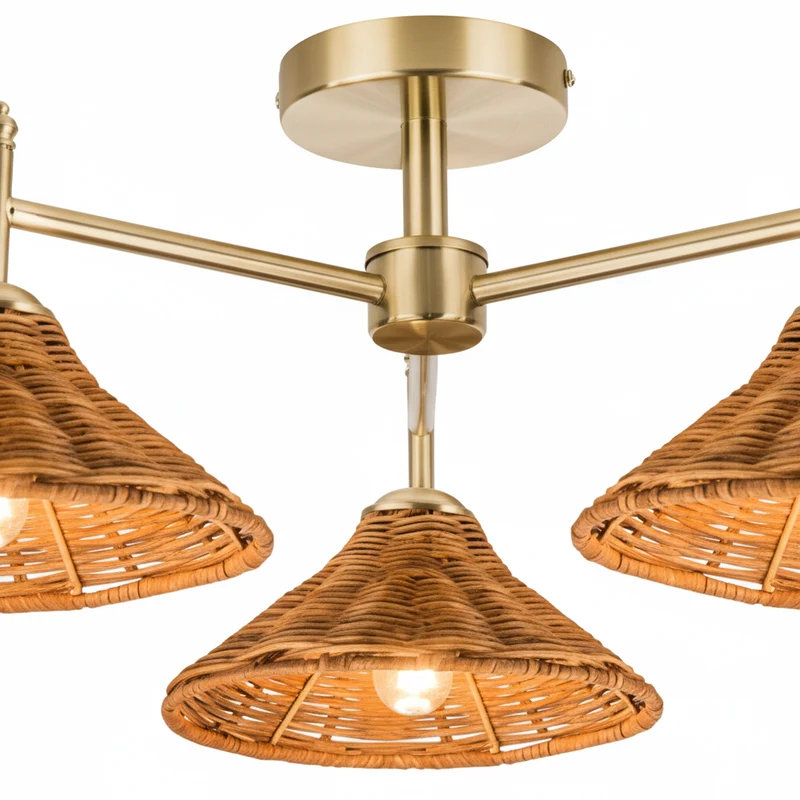 Farmhouse Boho Rattan 3 Light Semi-Flush Ceiling Light for Dining Room & Living Room
