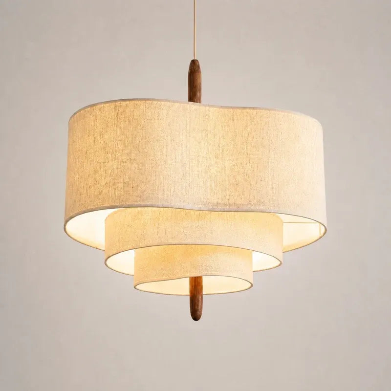 Modern Sculptural Layered Fabric Drum Pendant Light with Walnut Detail
