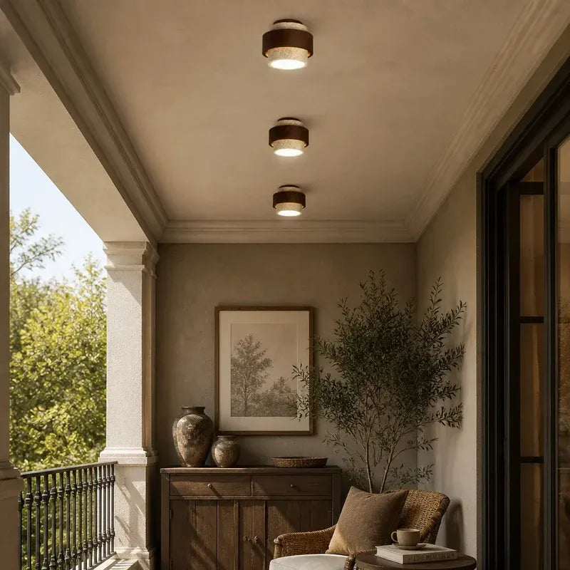 Wabi‑Sabi Wood Travertine Cylinder Ceiling Light