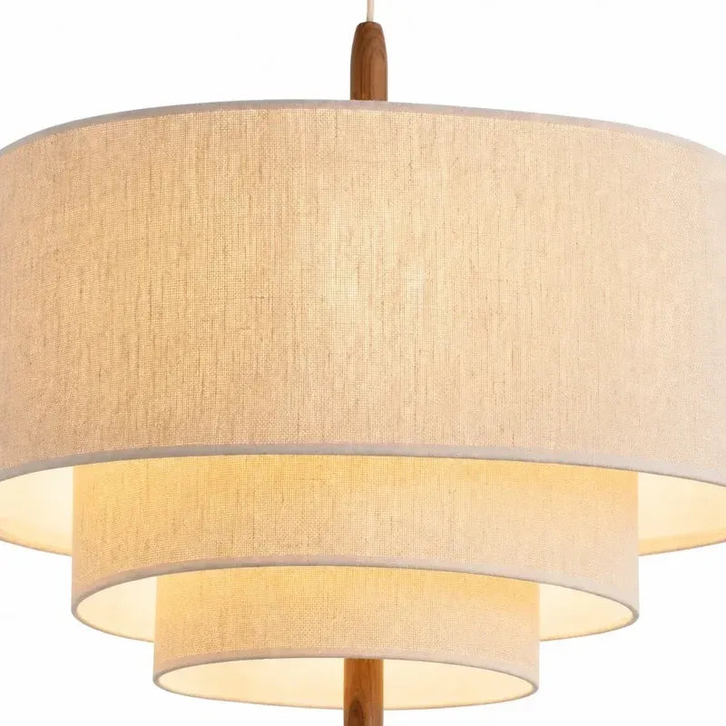 Modern Sculptural Layered Fabric Drum Pendant Light with Walnut Detail