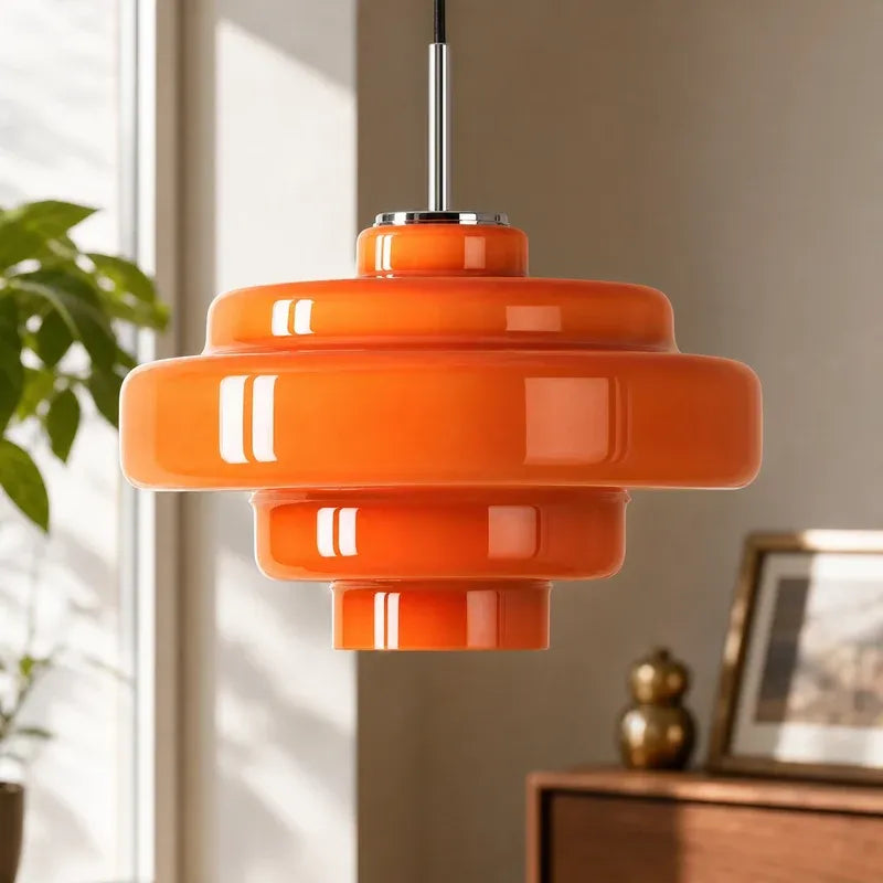 Mid Century Modern Bauhaus Handblown Tiered Glass Pendant Light
