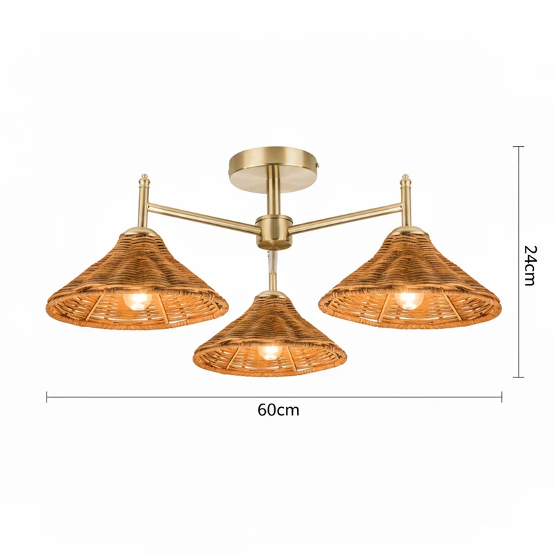 Farmhouse Boho Rattan 3 Light Semi-Flush Ceiling Light for Dining Room & Living Room